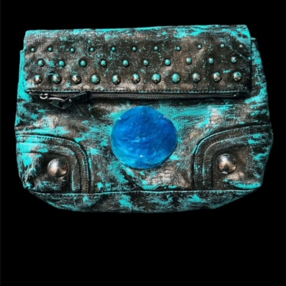 Custom Painted Distressed Blue Leather Clutch